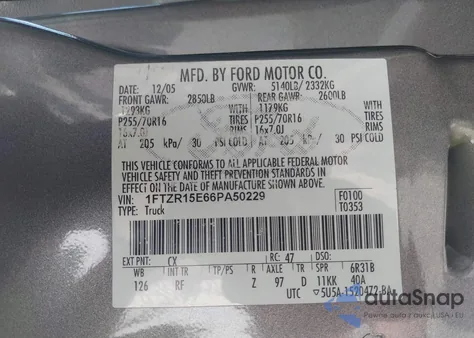 2006 Ford Ranger Fx4 Off-Road/Sport/Xl/Xlt z USA, uszkodzony, nr VIN 1FTZR15E66PA50229